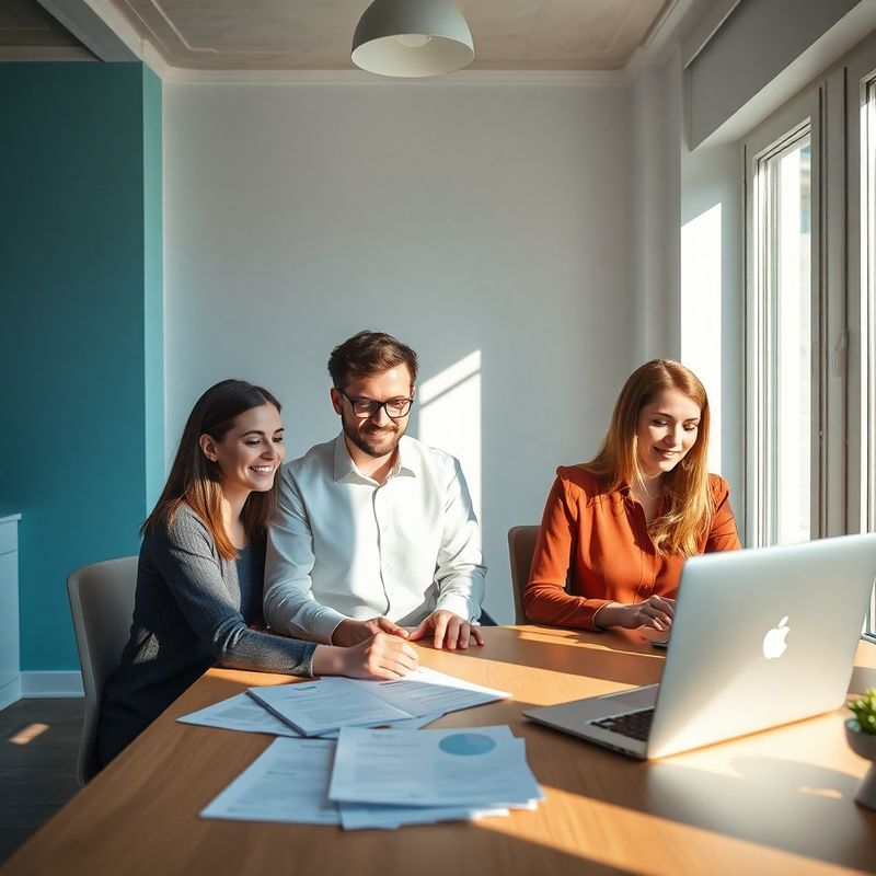Small team working at a bright Timișoara workspace with keyword reports on the desk